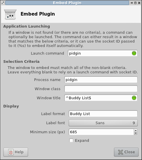 Buddy list embedding configuration dialog